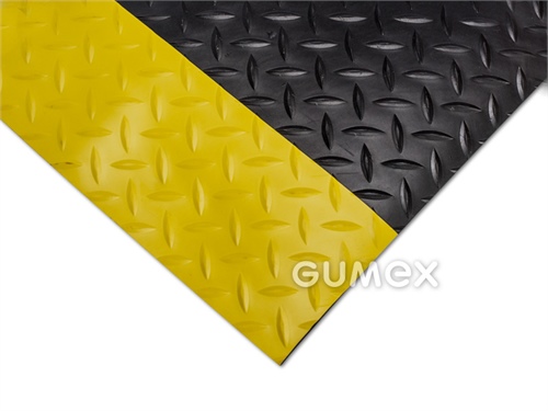 Protiúnavová rohož SAFETY DECKPLATE, tloušťka 15mm, 600x900mm, desén diamant, povrch tvrdé PVC, spodní vrstva PVC pěna, 0°C/+60°C, černá se žlutým okrajem